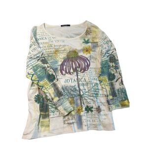 Y2K Top Floral Garden Print Whimsical Bedazzled Artsy 3/4 Length Sleeve - size X